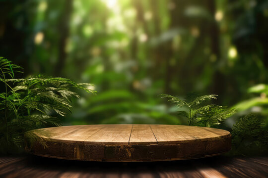 Wooden Podium Tabletop Blurs The Green Backdrop Of The Rainforest Nature, Closeup. Generative AI