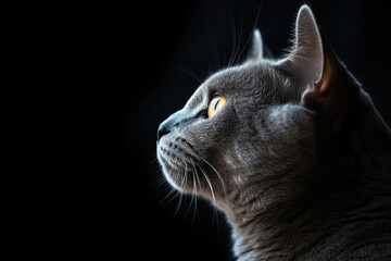 Portrait Of Cat Chartreux In Profile On Black Matte Background. Empty Space. Generative AI