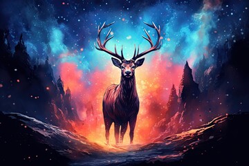art deer in space . dreamlike background with deer . Hand Drawn Style illustration   - obrazy, fototapety, plakaty