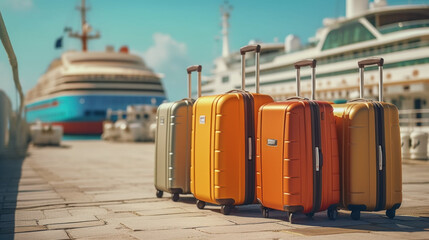 Fototapeta na wymiar Luggage suitcase near cruise liner created with generative AI technology