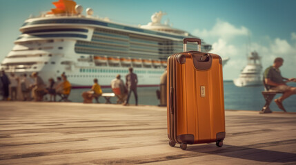 Luggage suitcase near cruise liner created with generative AI technology - obrazy, fototapety, plakaty