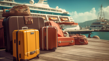 Luggage suitcase near cruise liner created with generative AI technology - obrazy, fototapety, plakaty