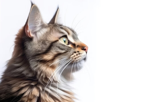 Portrait Of Cat Kurilian Bobtail In Profile On White Background. Empty Space. Generative AI