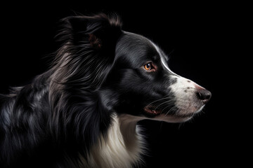 Portrait Of Dog Border Collie In Profile On Black Matte Background. Generative AI
