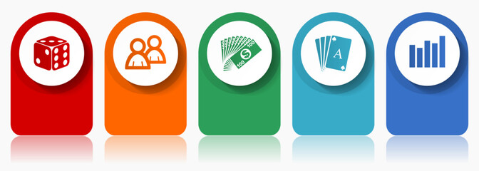 Casino icon set, miscellaneous vector icons such as dice, playing cards and money, modern design infographic template, web buttons in 5 color options