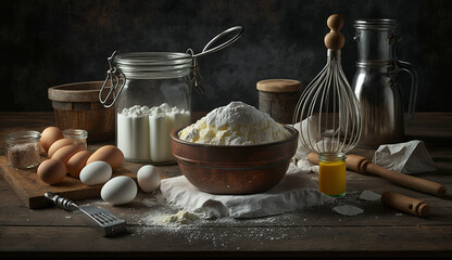 Fototapeta na wymiar Baking Ingredients, Flour, Eggs, Sugar, Butter, Generative AI