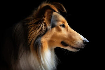 Portrait Of Dog Collie Rough Colliesmooth Collie In Profile On Black Matte Background. Generative AI