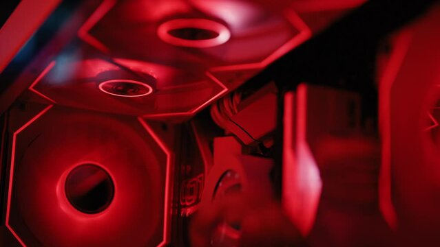 Moving shot of colorful gaming PC interior