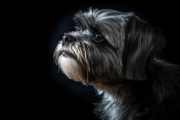 Portrait Of Dog Shih Tzu In Profile On Black Matte Background. Generative AI