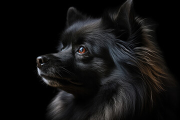 Portrait Of Dog Pomeranian In Profile On Black Matte Background. Generative AI