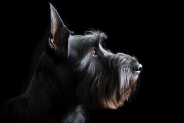 Portrait Of Dog Scottish Terrier In Profile On Black Matte Background. Generative AI