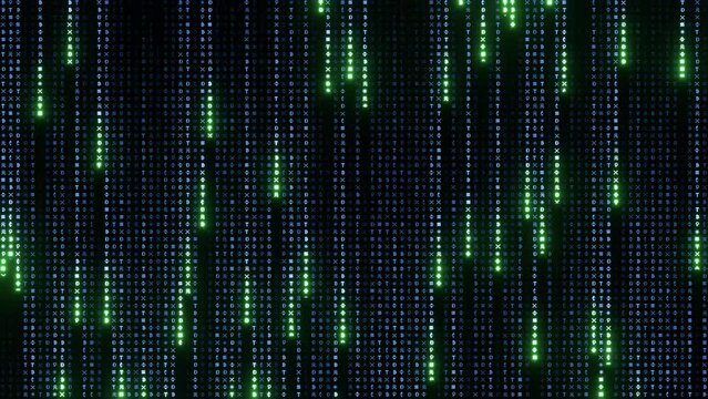 Neon green and blue crypto symbols, encrypted data running on a black background, concept of digital age. algorithm, hud interface, data scanning, matrix inspired seamless graphic animation video.