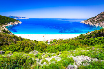 Kefalonia, Greece. Myrtos Beach - the most beautiful beach of the Cephalonia island, Greek Islands. - obrazy, fototapety, plakaty