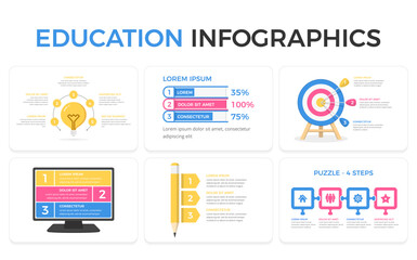 Six education infographics templates with bulb, target, pencil and others, vector eps10 illustration