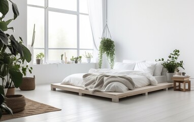 Minimalistic Platform Bed in a Plain White Bedroom. Generative AI