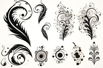 Set of filigree calligraphic shapes design elements in black over white background Generative AI