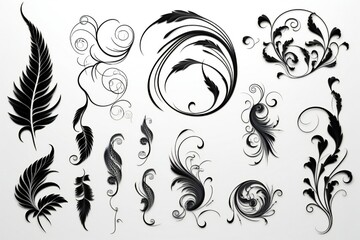 Set of filigree calligraphic shapes design elements in black over white background Generative AI - obrazy, fototapety, plakaty