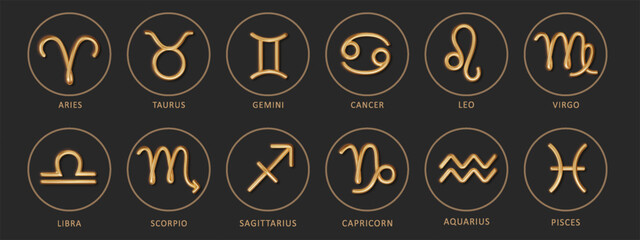 Luxury Zodiac gold signs on dark background. Realistic Astrological signs set vector Illustration. - obrazy, fototapety, plakaty