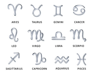 Zodiac silver signs with latin names vector illustrations set. Realistic symbols for astrological calendar, horoscope. Luxury 3d signs set for astrology horoscope predictions. Vector, PNG