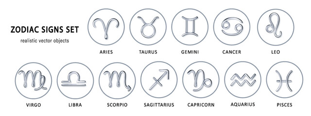 Zodiac silver signs with set with shadow. Luxury realistic 3d signs set for astrology horoscope predictions. Vector, PNG