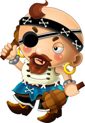 cartoon scene with pirate man fighting and old style cannon on whtie background - illustration for children