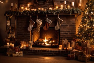 Fototapeta na wymiar Cozy Christmas fireplace