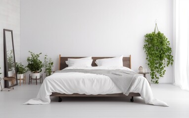 Fototapeta na wymiar Minimalistic Platform Bed in a Plain White Bedroom. Generative AI