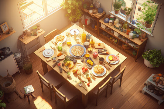 Wooden dining table with lots of food in cartoon 3d style on a sunny day, kitchen in sunshine. A cozy breakfast table with plates of food. Generative AI 3d rendering illustration imitation.
