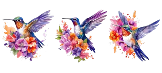 Poster Vlinders Watercolor Floral Hummingbird. Generative AI