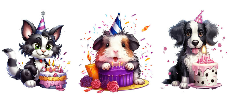 Cute Dog, Cat, Guinea Pig, Birthday Celebration. Generative AI
