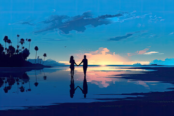 romantic couple on the beach at sunset nature landscape illustration Generative AI