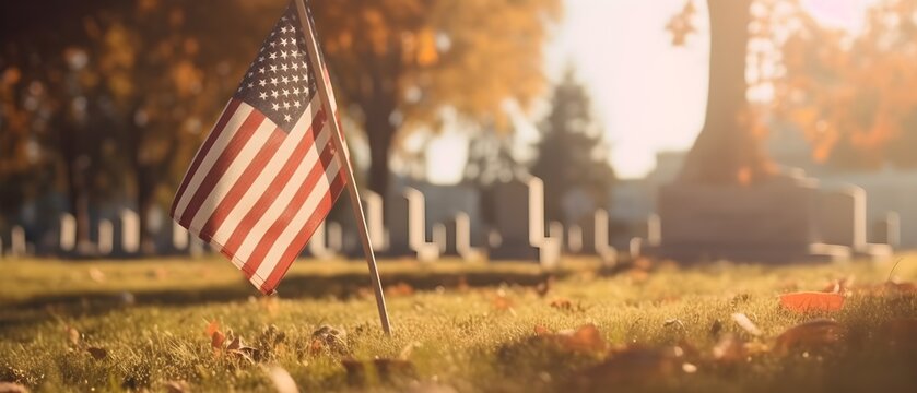 Independence Day, American Flag, Cemetery, Autumn season, generative AI