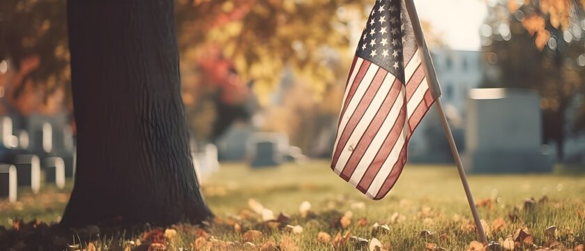 Independence Day, American Flag, Cemetery, Autumn season, generative AI