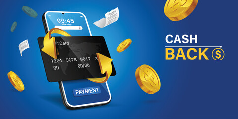 Mobile cash back service, financial payment Smartphone mobile screen, technology mobile display light. Vector illustration.Cash back, money saving vector concept with dollar coins, wallet, arrows.