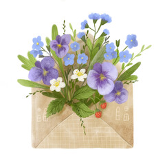 An illustration with a bouquet of flowers and wild strawberries in an envelope.