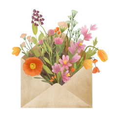 Hand-drawn illustration of a paper envelope with a bouquet of pink, yellow and orange flowers.