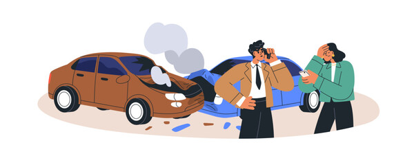 Obraz premium Car drivers calling for help after collision. Worried people stand near two autos damaged in road traffic accident. Transport vehicles emergency. Flat vector illustration isolated on white background