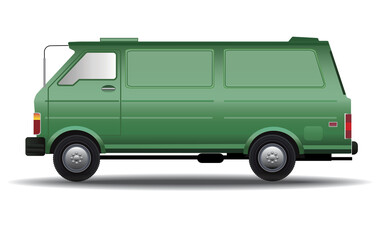 1980s green delivery van, white background, illustration, side view