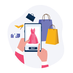 View from phone screen of shopaholic people doing shopping online. Big sales and discounts. Purchase of goods via internet. Consumer society and commercial business. Vector