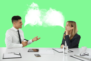 Office employees talking at table during meeting. Dialogue illustration with speech bubbles in smoke on green background