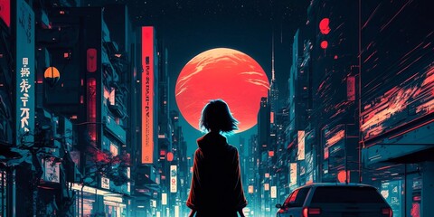 A Lone Figure in a Neon Lit City at Night (Generative AI)