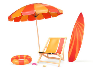 3D Rendering Summer Orange Beach Umbrella, Beach Chair, Surfboard And Swimming Ring Isolated On Transparent Background, PNG File Add
