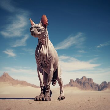 Portrait of a Sphynx cat standing in the desert with a blue sky. Generative AI 