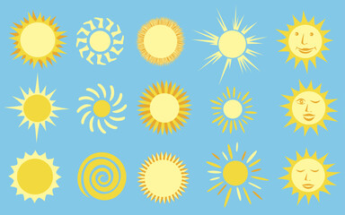 Sunshine yellow sun icons and symbols collection on blue background.