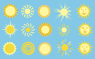 Sunshine yellow sun icons and symbols collection on blue background.