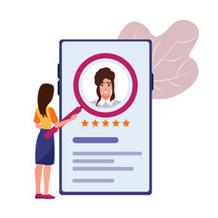 Back view of female character working in recruitment agency. Professional headhunting business representatives. HR department hiring candidates for job. Vector