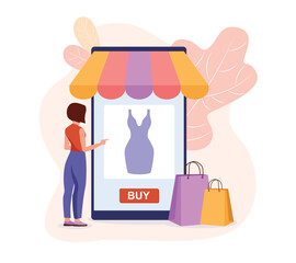 Colored cartoon woman doing shopping over internet. Electronic commerce and online stores buyers. Digital environment and fashion sector. Vector illustration
