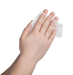 Woman wiping hands with paper towel on white background, closeup