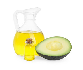 Oil and cut avocado on white background