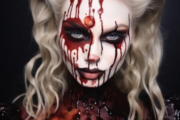 Woman with scary makeup for Halloween. Close up shot. Creative face art, carnival and fashion concept. Generative AI